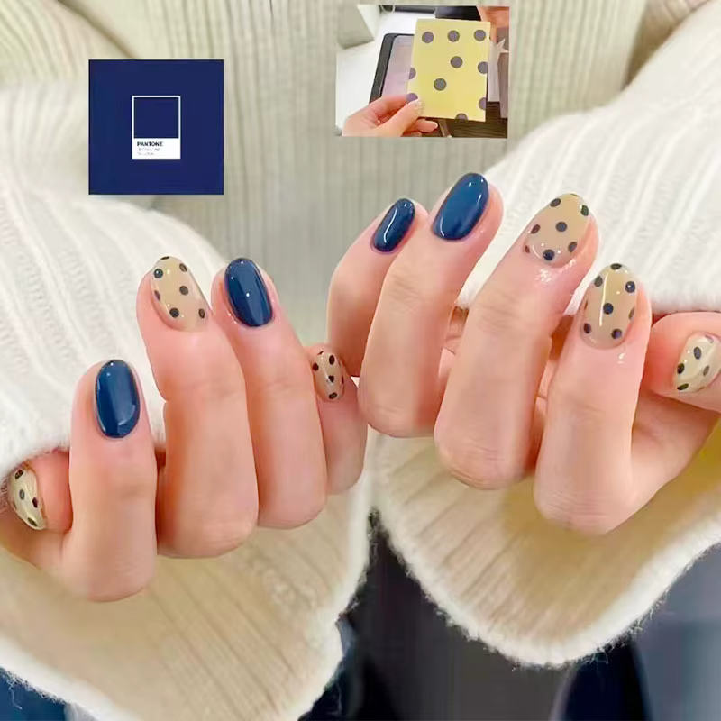 30 faux ongles uniques et tendance, courts, en forme de haricot, avec design à presser, ongles de ha