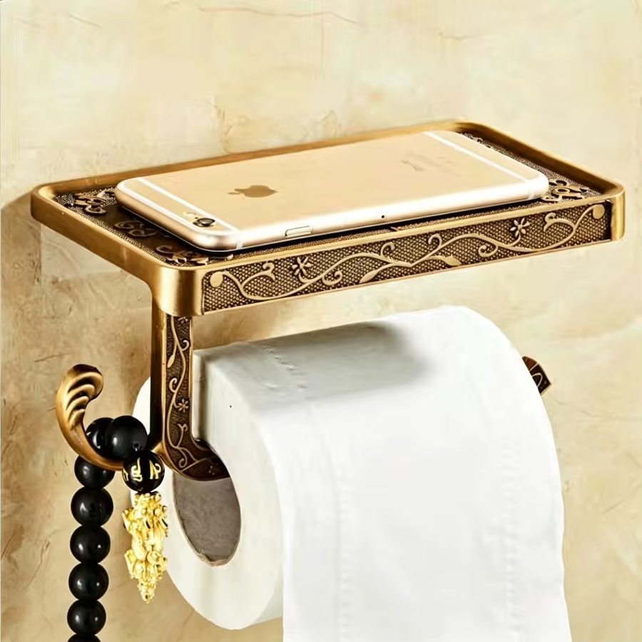 Support de papier toilette et de téléphone portable en bronze sculpté, style antique vintage, pour s