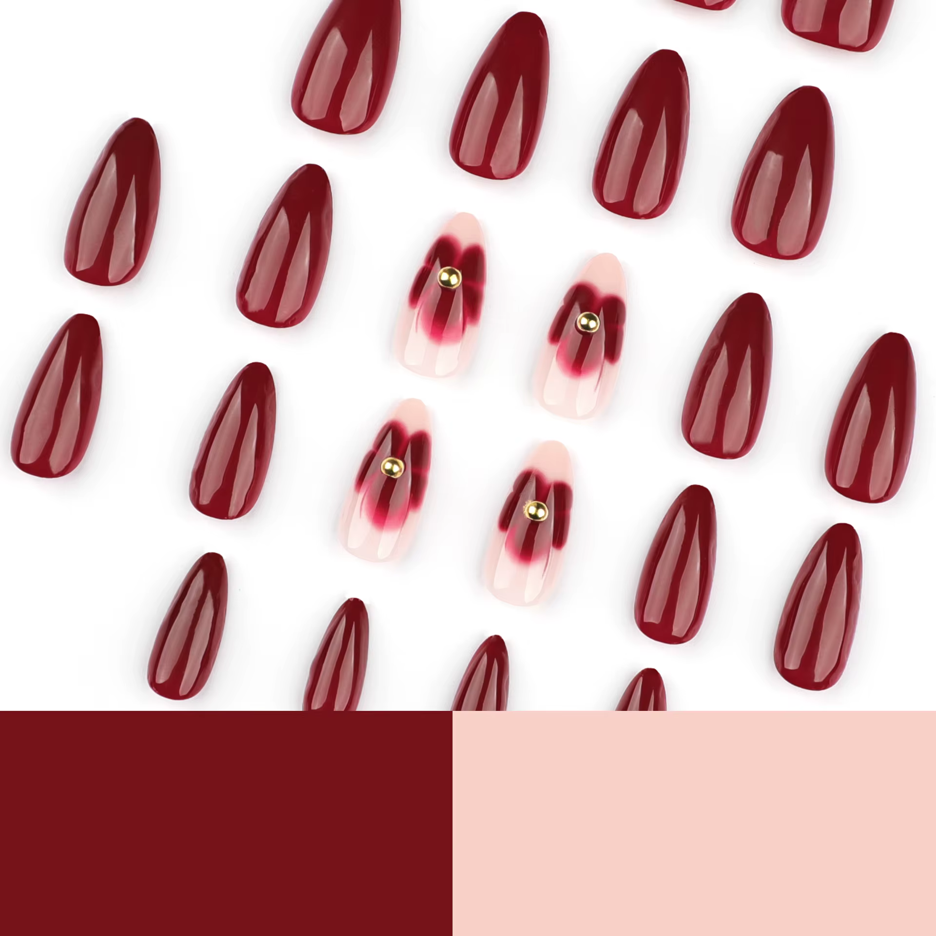 Ensemble d'ongles pour femmes, 24 pièces, en forme d'amande bordeaux, longueur moyenne, couleur unie