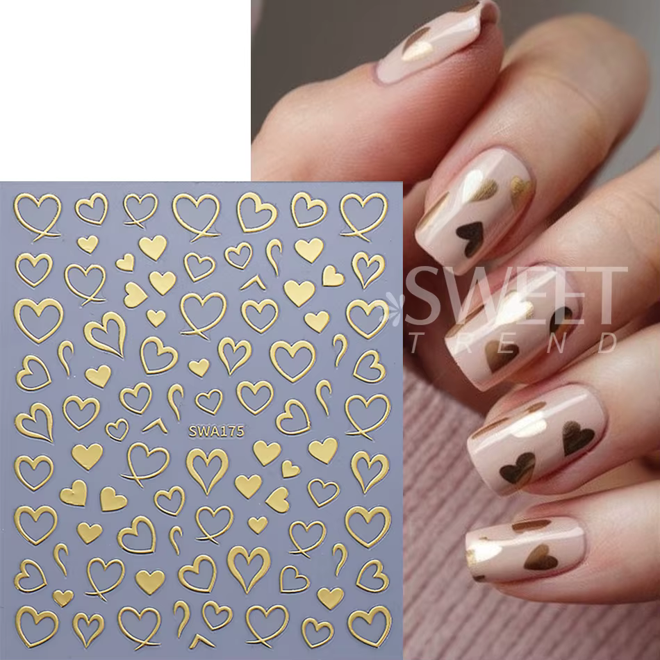 Autocollants pour ongles en forme de cœur d'amour bronzant, 3 pièces, ligne rouge or argent, décalco