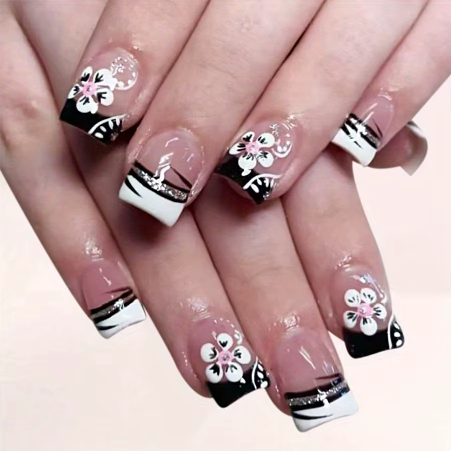 Faux ongles courts et moyens pour femmes et filles, fleurs noires et blanches avec paillettes, point