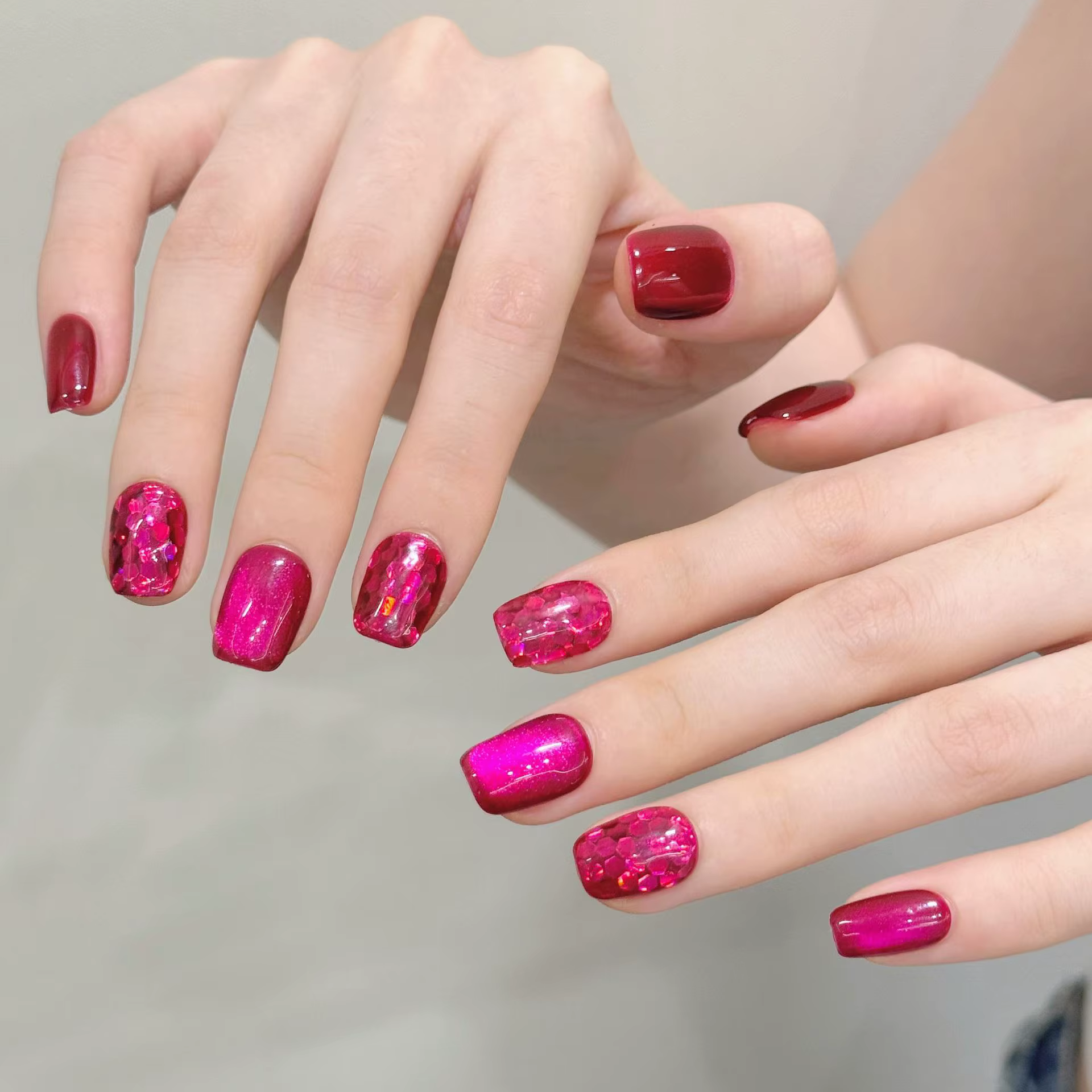 10 pièces Rose rouge oeil de chat presse sur ongles solide Pitaya couleur amande à la main faux ongl