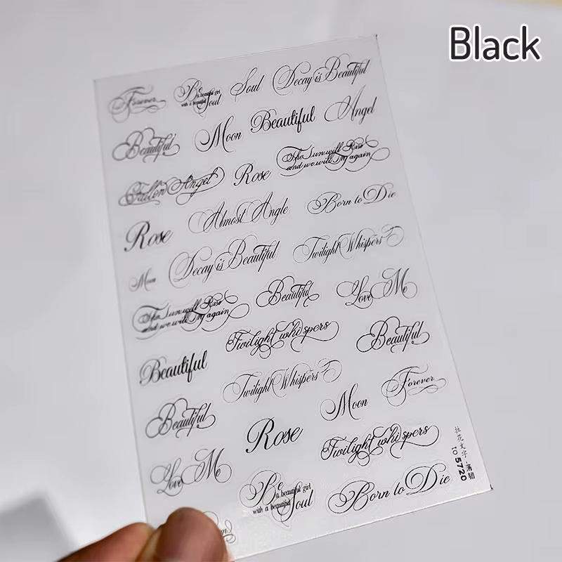 Autocollants pour ongles en lettres anglaises noires et blanches, autocollants décoratifs pour ongle