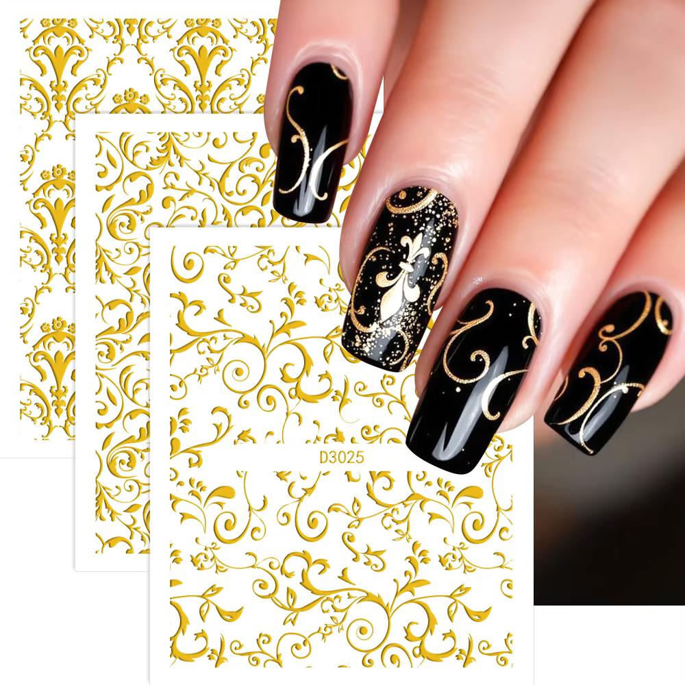 30 feuilles or fleurs métalliques vigne Nail Art décalcomanies 3D dentelle fleur autocollant pour on