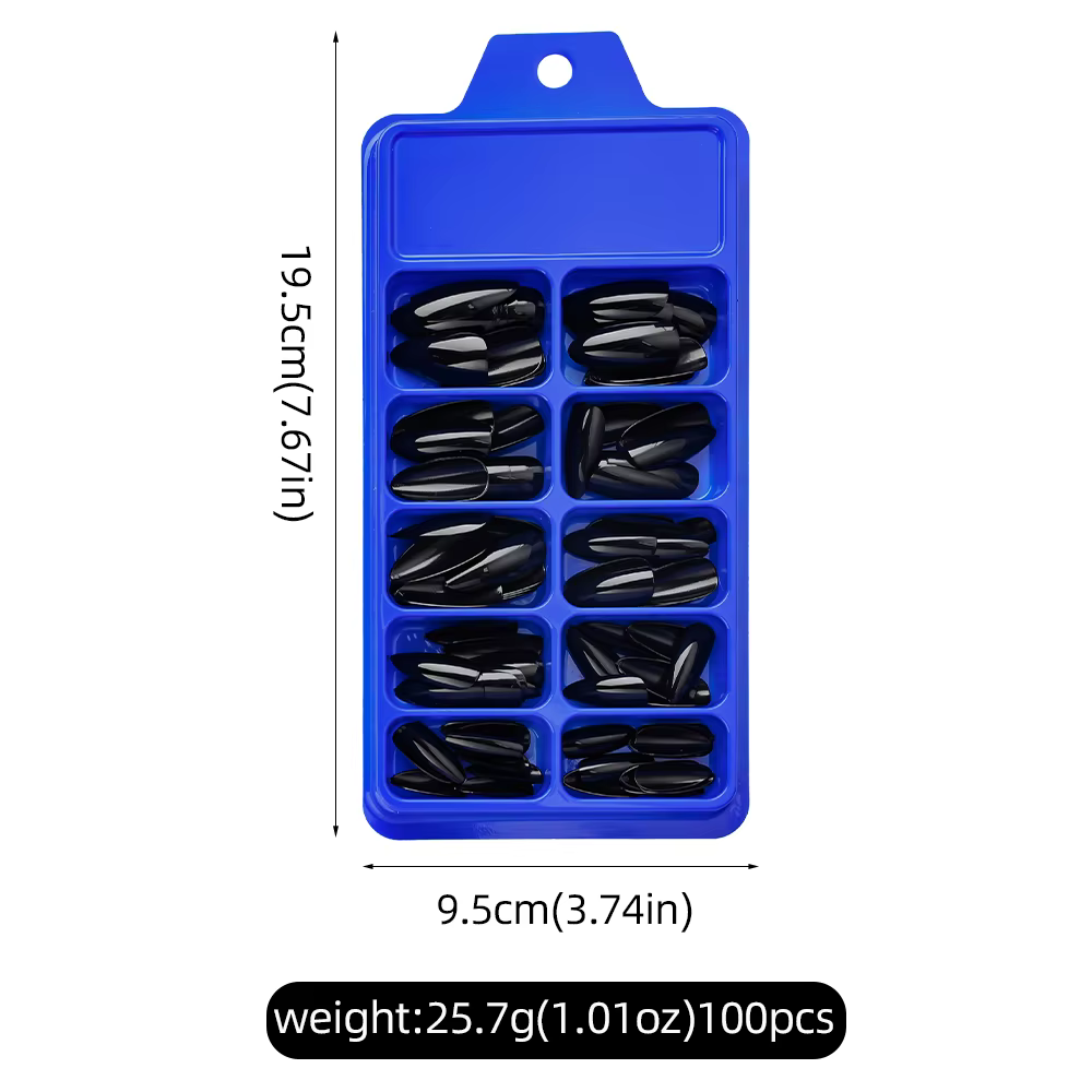 100 faux ongles noirs en acrylique, forme amande, à presser, réutilisables, style français, couvranc
