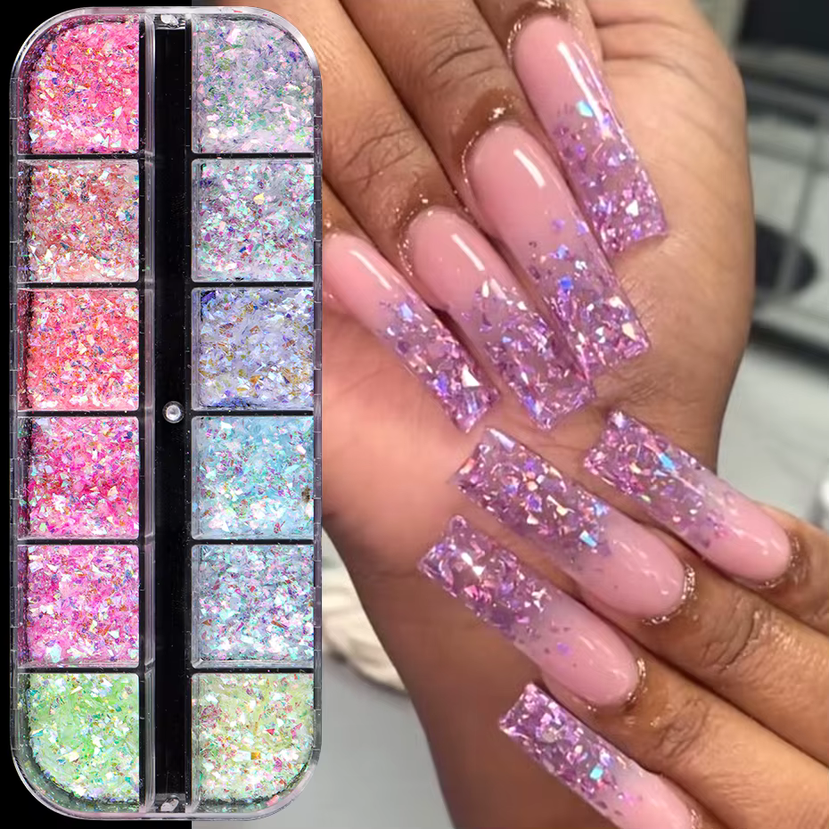 12 grilles Aurora caméléon ongles paillettes flocons irréguliers cristal verre paillettes poudre bri