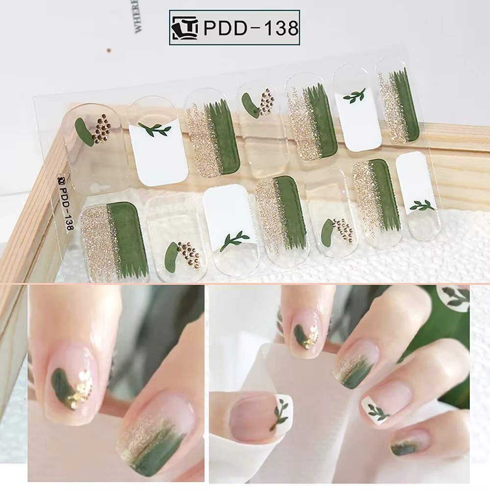 14 Bandes d'Autocollants en Gel Semi-Durcis pour Ongles, Couverture Complète, Motifs Floraux, pour l