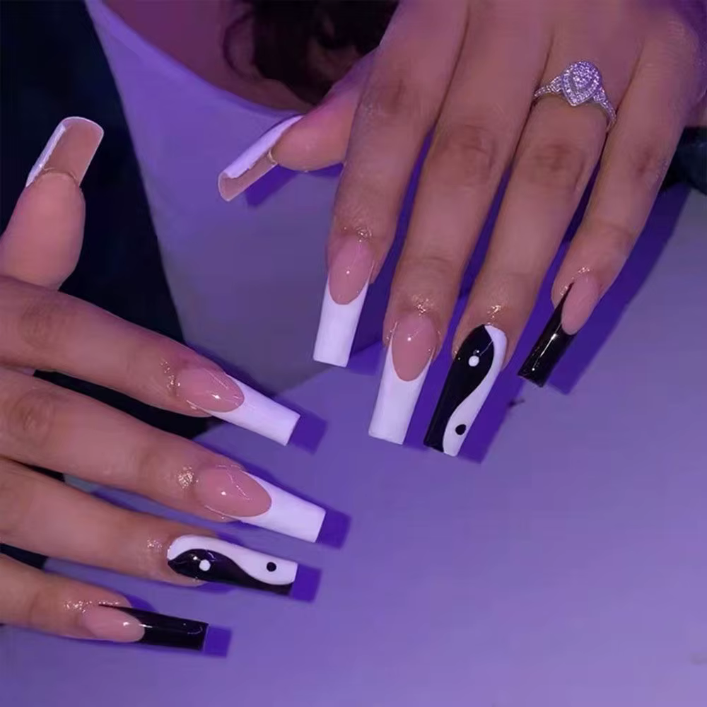 Faux Ongles Longs en Forme de Cercueil pour Manucure, Couverture Complète, Ballerine Française Porta