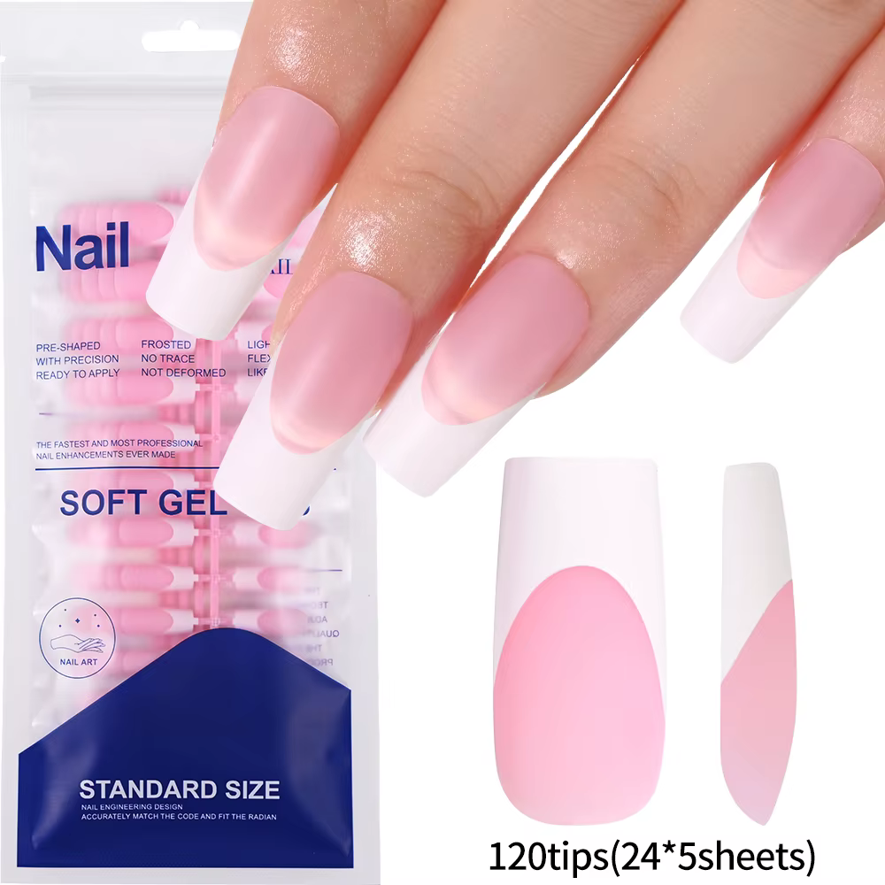 120 faux ongles français carrés moyennement longs en acrylique, à couverture complète, à presser, po
