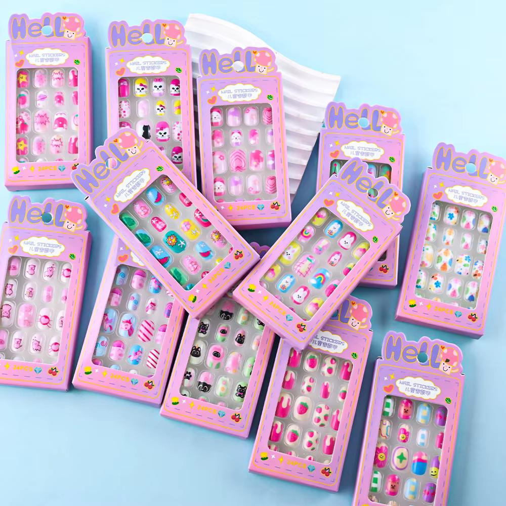 24 pièces/boîte enfants ongles pour fille dessin animé motif faux ongles mignon enfant faux ongles c