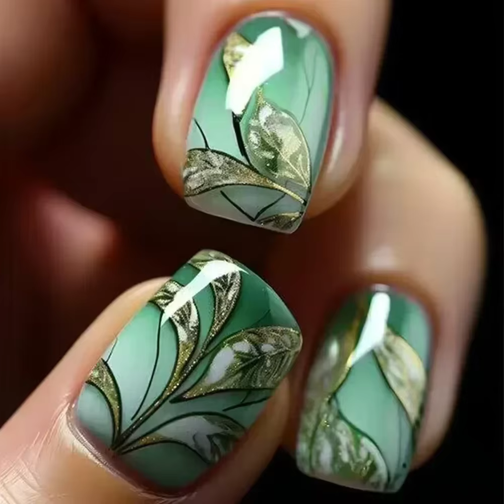 Faux ongles à pression carrée courte, fleur de Jade, poudre scintillante, avec colle, dégradé vert, 