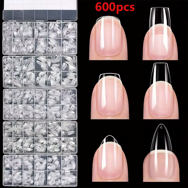 600 morceaux d'autocollants pour faux ongles à couverture complète, style aiguille, en forme d'amand