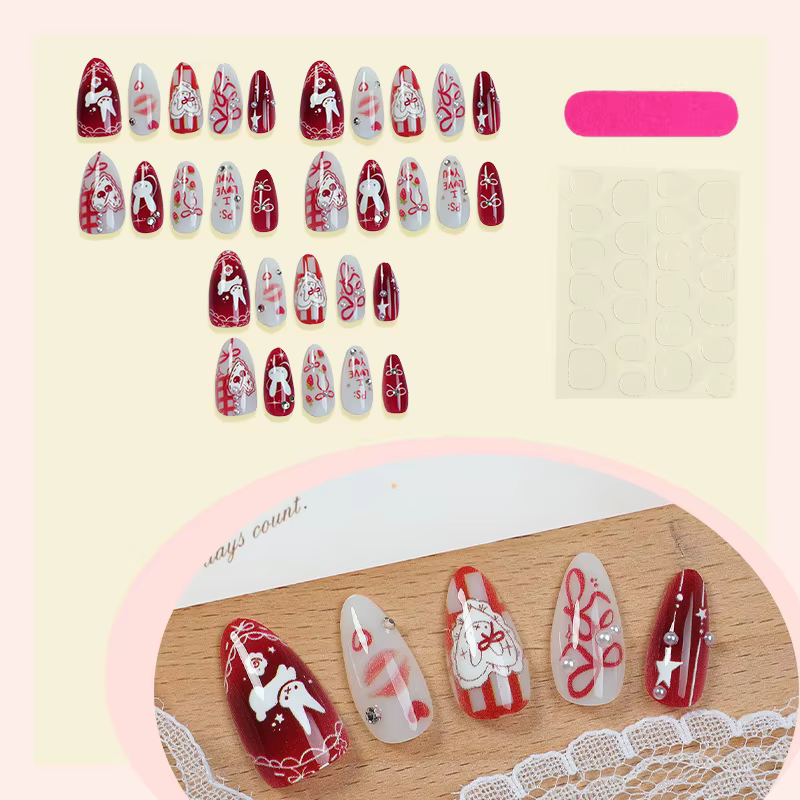 24 pièces arc dessin animé lapin presse sur ongles amande français faux ongles couverture complète p
