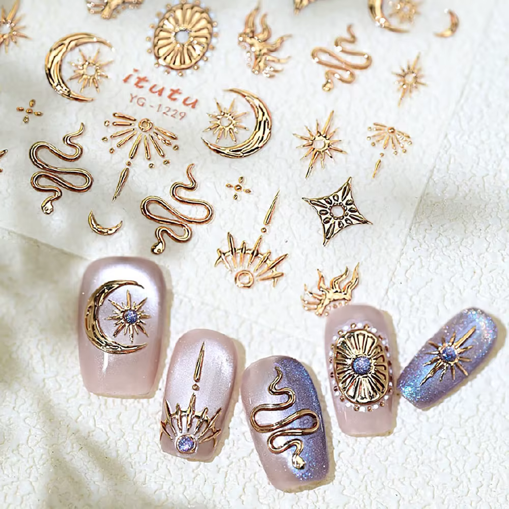Autocollants pour ongles étoiles serpent or argent, décalcomanies de décoration d'ongles 5D auto-adh