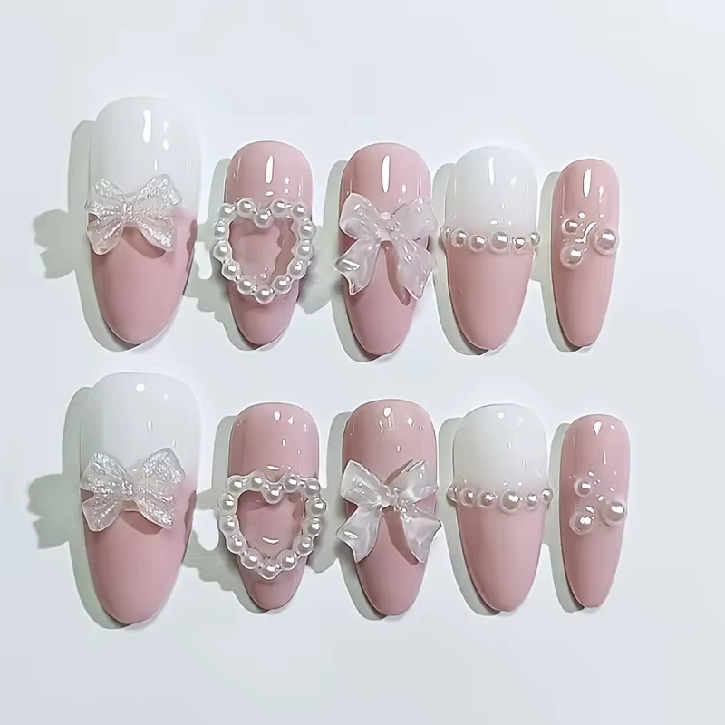 10 faux ongles en organza 3D, couleur rose et blanc, forme amande moyenne, avec nœud et perles, cade