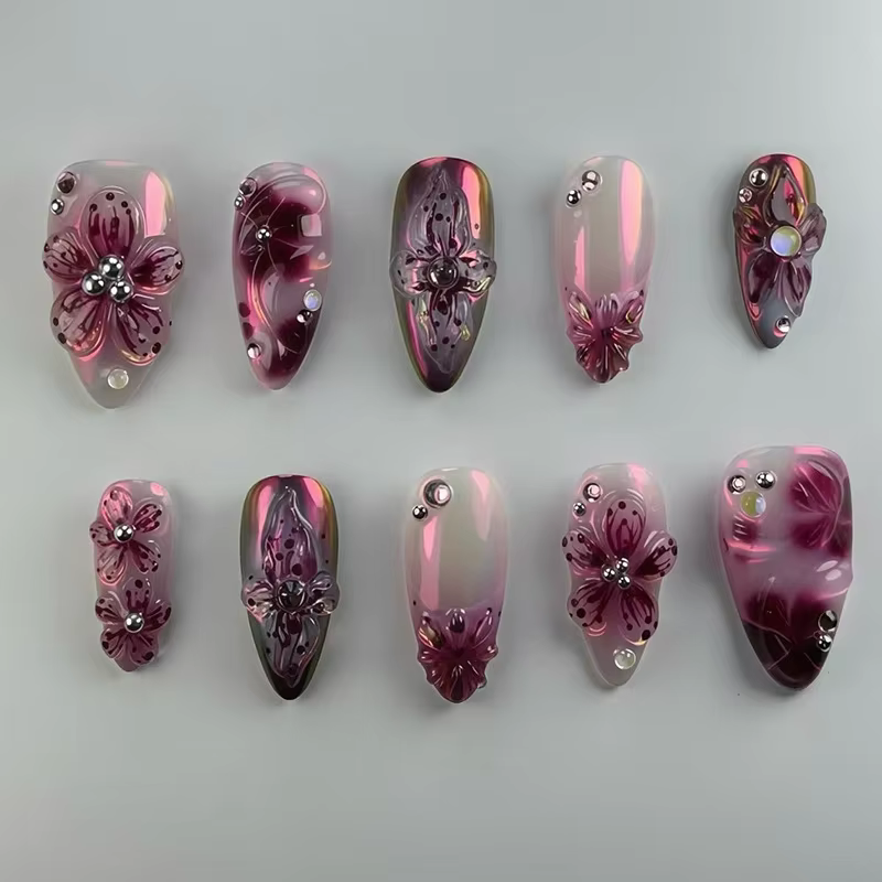 24 pièces doux Cool français faux ongles patchs Vintage Y2k faux ongles 3D cerise conception Nail Ar