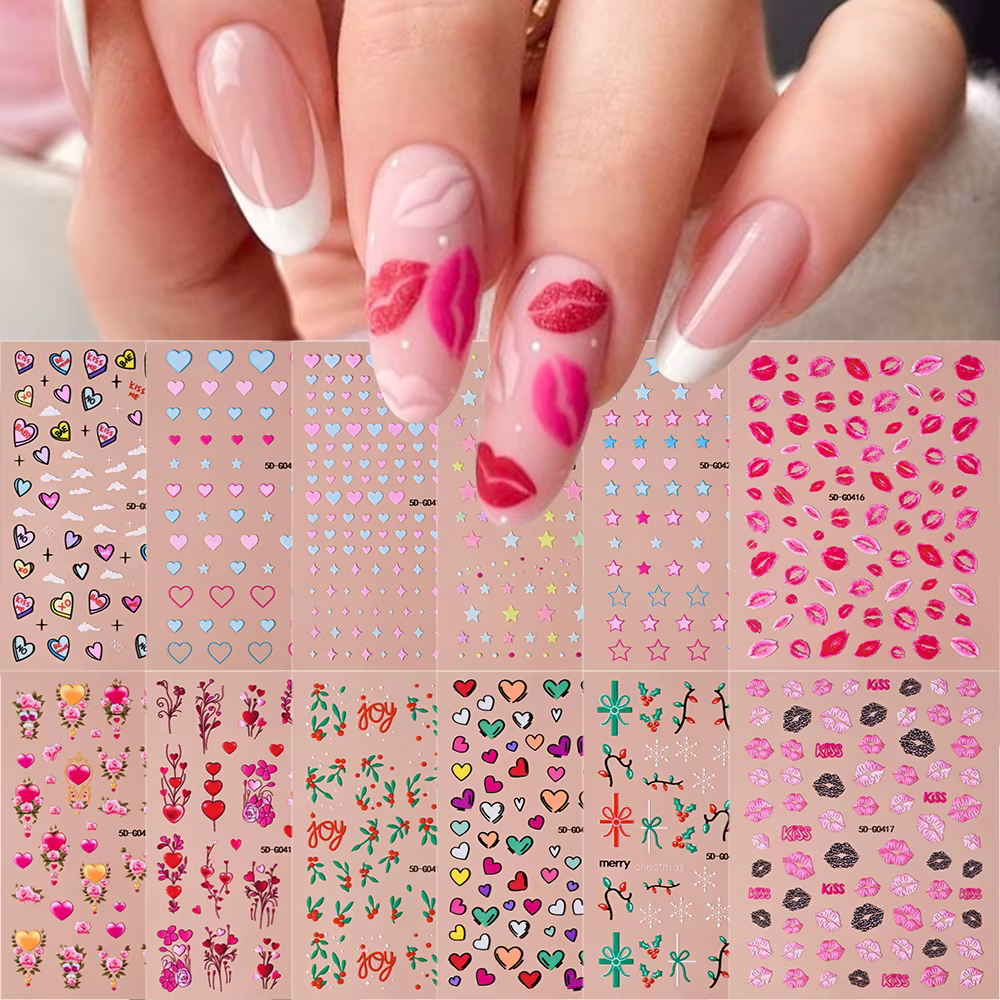 Décalcomanies autocollantes pour les ongles, stickers, lèvres rouges, amour, coeur, jour de Léon, am