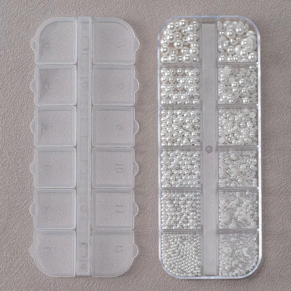 12 grilles 3D perles blanches mélangées breloques pour ongles 0.15-0.5mm perles rondes/demi-cercle N