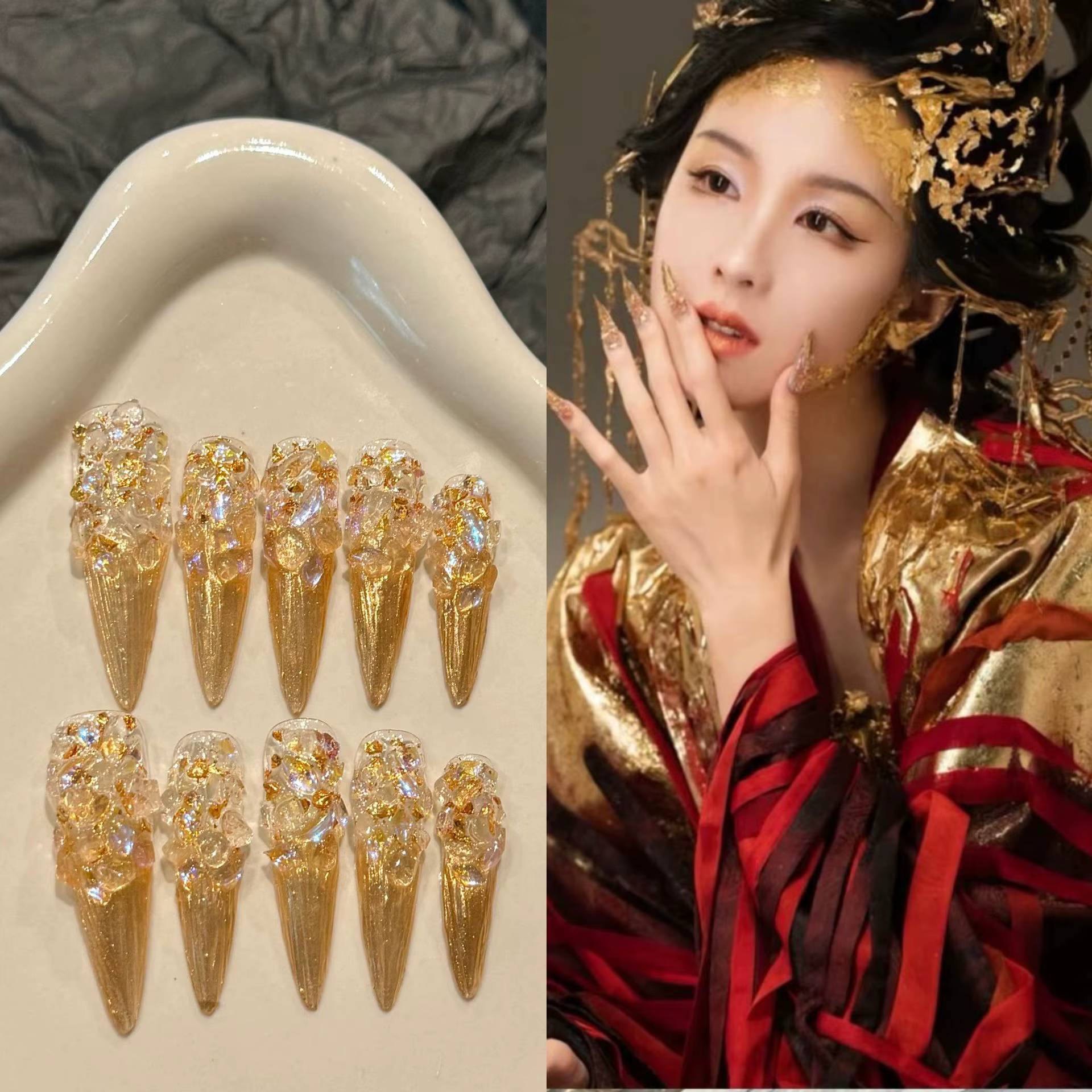 Faux ongles Stiletto en or brillant fait à la main, faux ongles de cour rétro, décor de diamant, lux