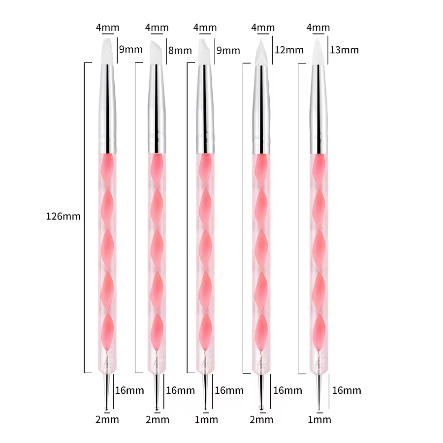 5 pièces 2 voies Nail Art acrylique Silicone pointe fleur stylo à ongles en acier inoxydable outils