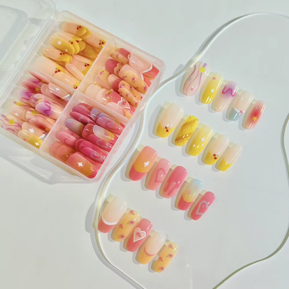 120 faux ongles à presser, dégradé Dopamine, motifs Cœur, Étoile, Nœud, Point, French, style Fille D