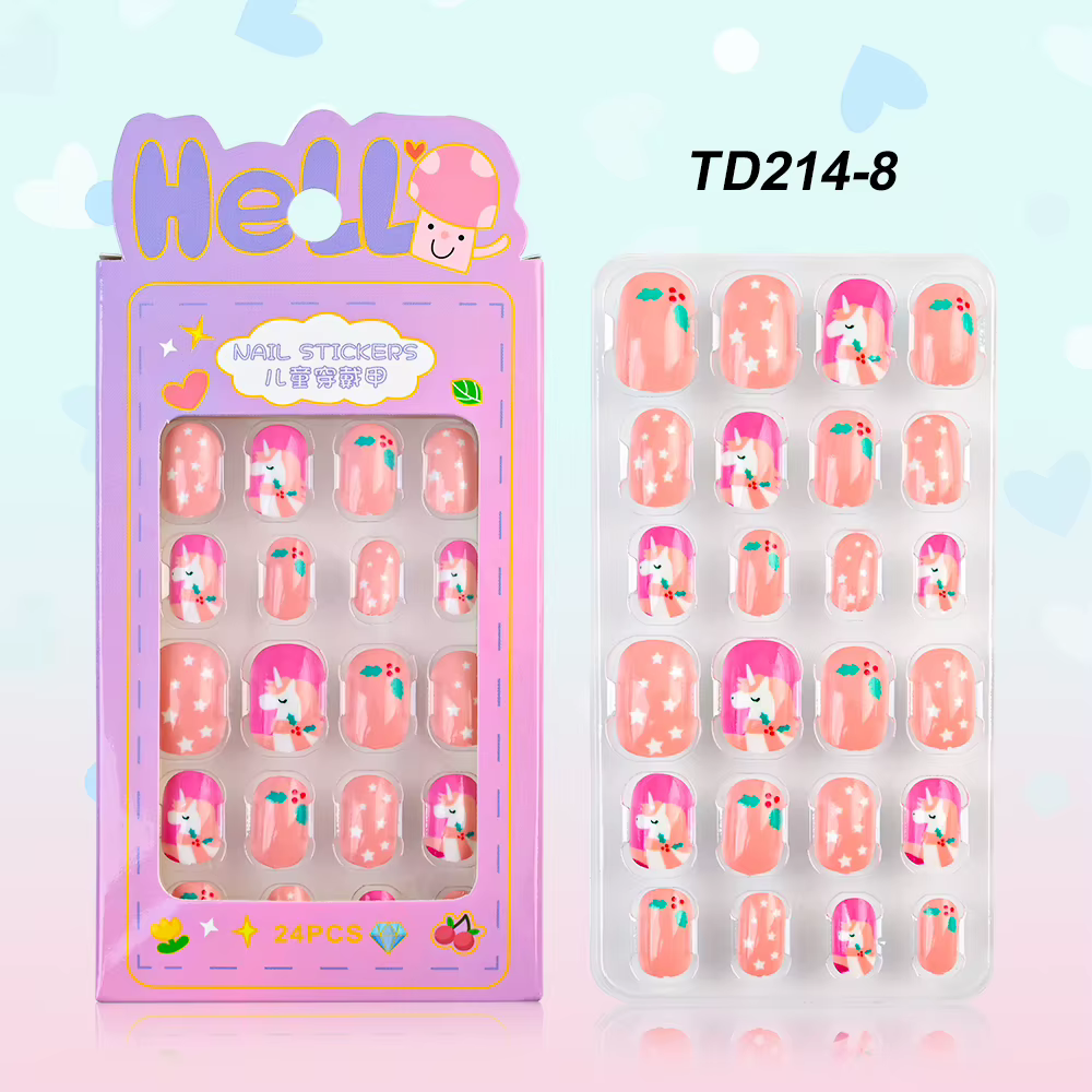 Faux ongles autocollants pour enfants de 5 à 12 ans, 24 pièces/boîte, motifs arc-en-ciel/licorne/cha