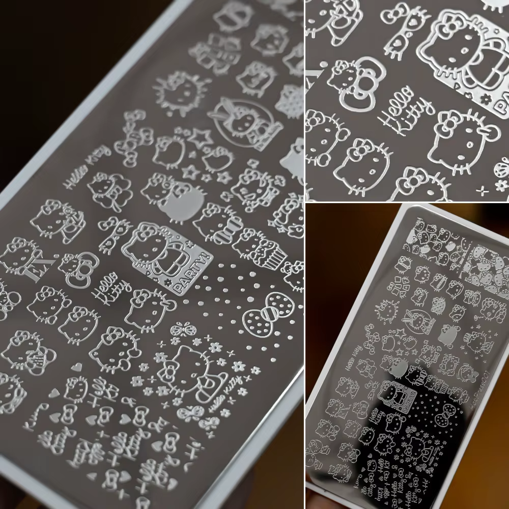 1 plaque de stamping Hello Kitty en acier inoxydable, motif points de pois, pour nail art, plaque de