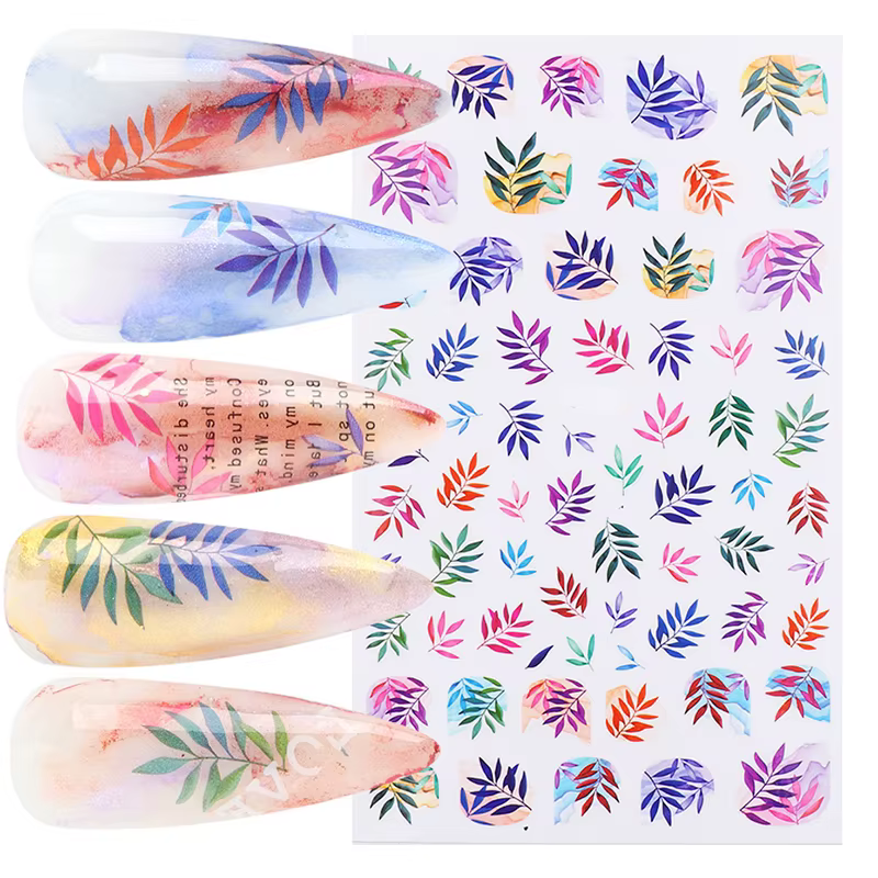 Autocollants pour Nail Art, feuilles d'aquarelle, feuilles tropicales colorées d'été, curseur adhési