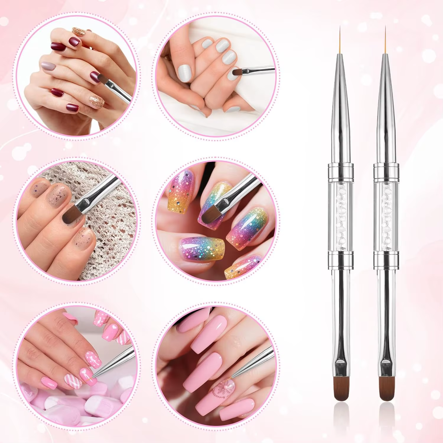 Pinceaux ovales à Double extrémité pour Nail Art, 2 pièces, avec poignée en strass, pointe française