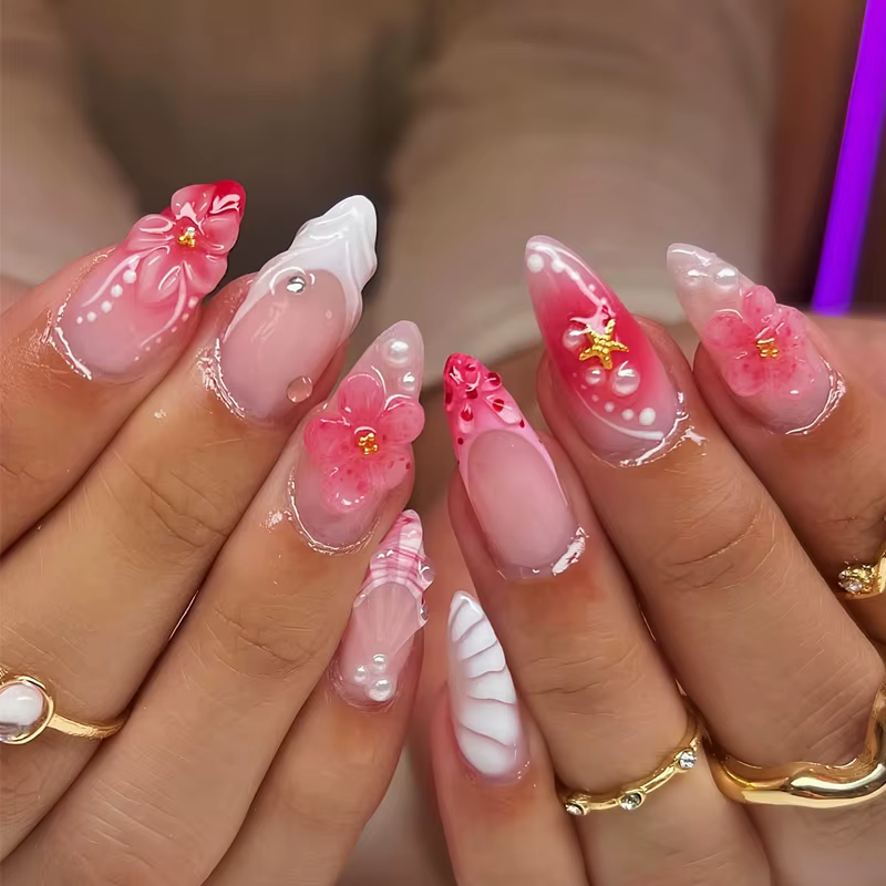 24 pièces/ensemble français amande presse sur ongles fleur rose faux ongles épicés filles faux ongle