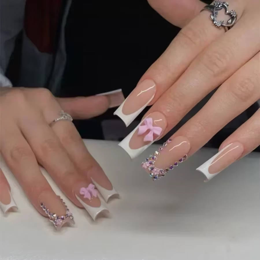 Faux ongles léopard rose mi-longs, avec nœud, Design à pression, carrés, portables, français, couver