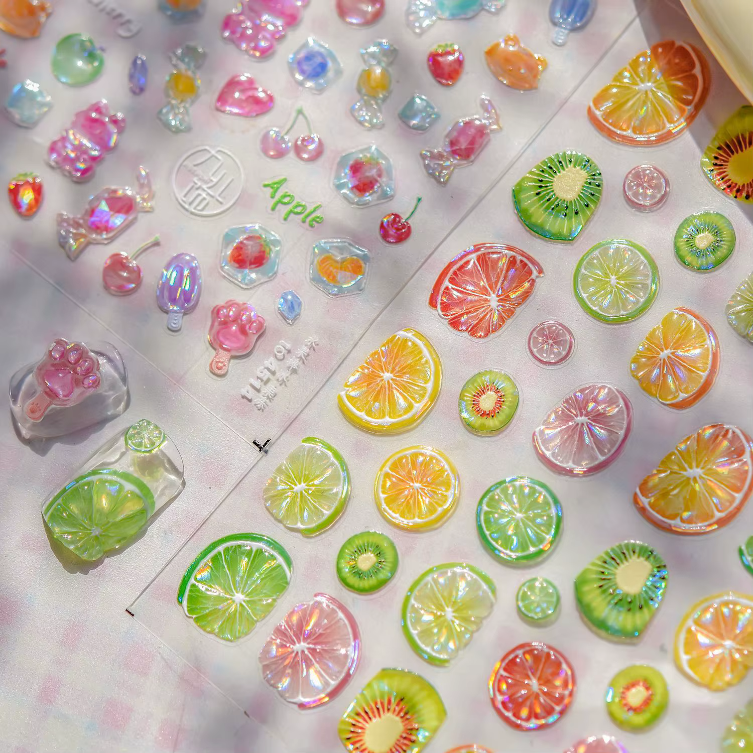 Autocollants pour ongles colorés en gelée de citron 5D, Fruits sucrés, dessin animé Calw Bear Candy,