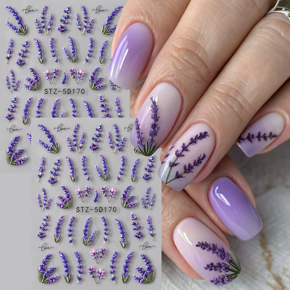 Autocollants pour ongles en relief 5D, 2 pièces, fleurs de lavande élégantes, fleurs lumineuses, aut