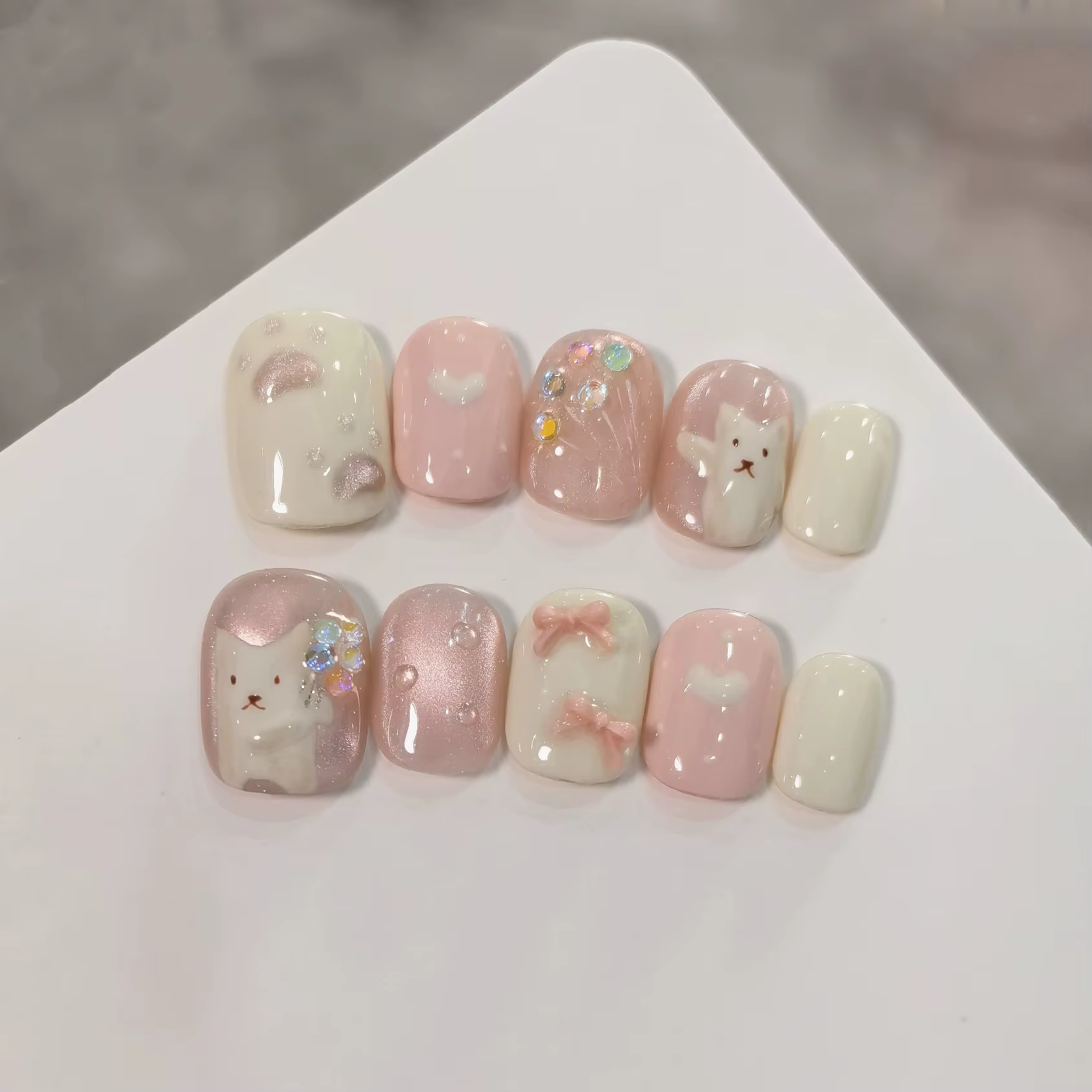 Ensemble de 10 ongles à pression faits à la main, nœud papillon en forme de chat mignon, Design d'am