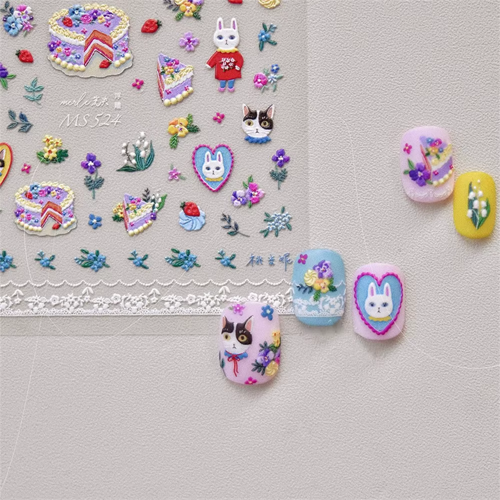 Autocollants 5D chat Kawaii pour Nail Art, 1 pièce, Relief, dessin animé japonais, gâteau rétro, ani