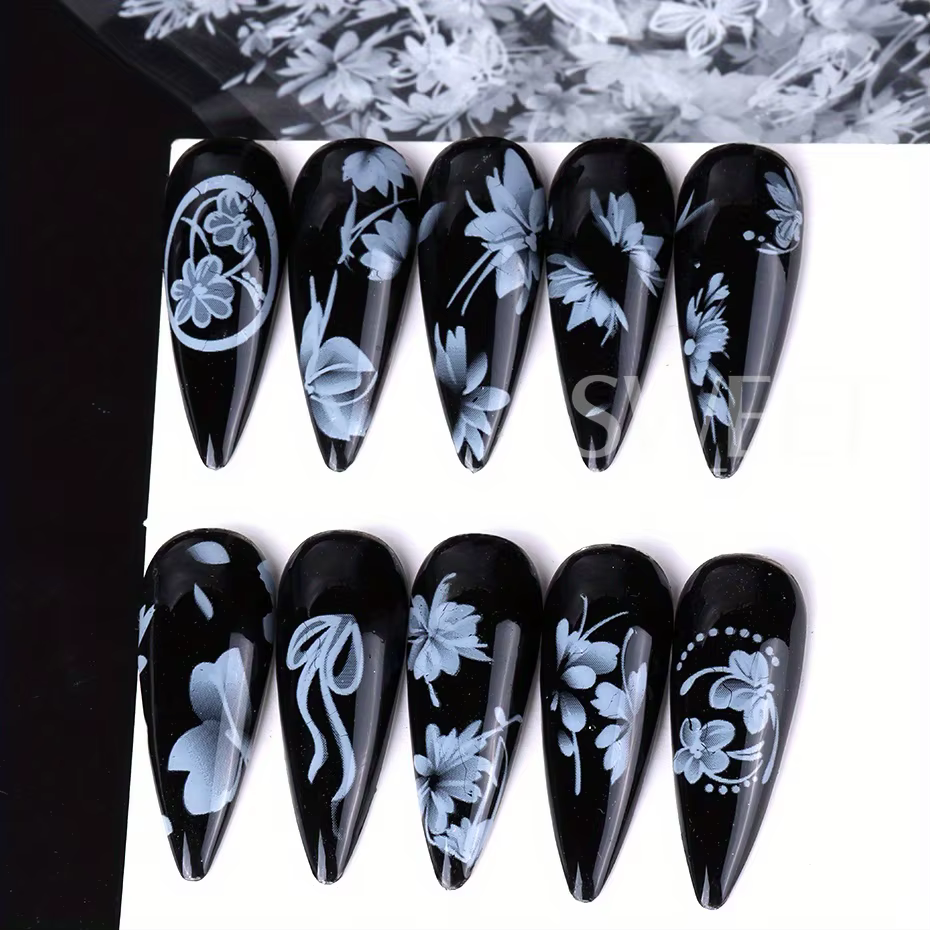Feuilles autocollantes de transfert d'ongles, 10 rouleaux de pétales de fleurs blanches élégantes, p