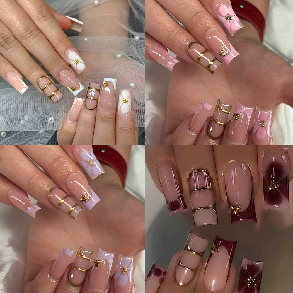 96 pièces (4 mélangées) Gelnail tridimensionnel 3D fait des ongles de fleurs avec fausse perle décor