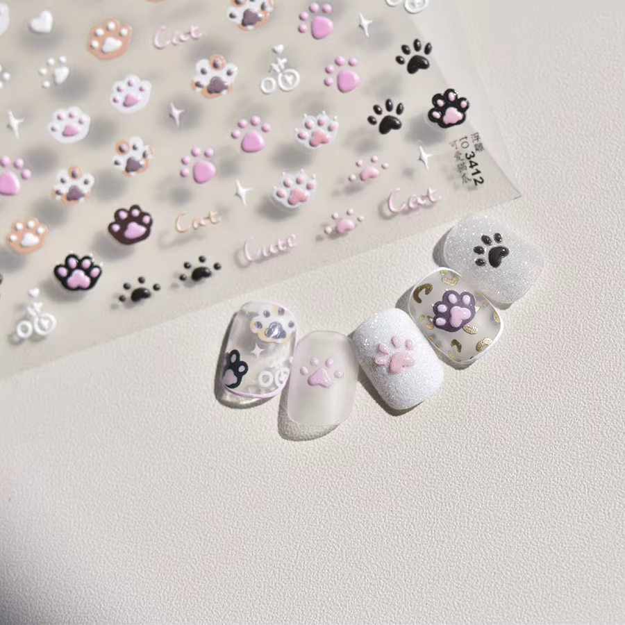 Autocollants pour ongles chat mignon gelée rose patte de chat dessin animé 5D en relief auto-adhésif