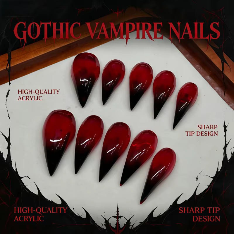 10 faux ongles ultra-longs rouge vampire et noir dégradé couleur sang, griffes gothiques punk brilla