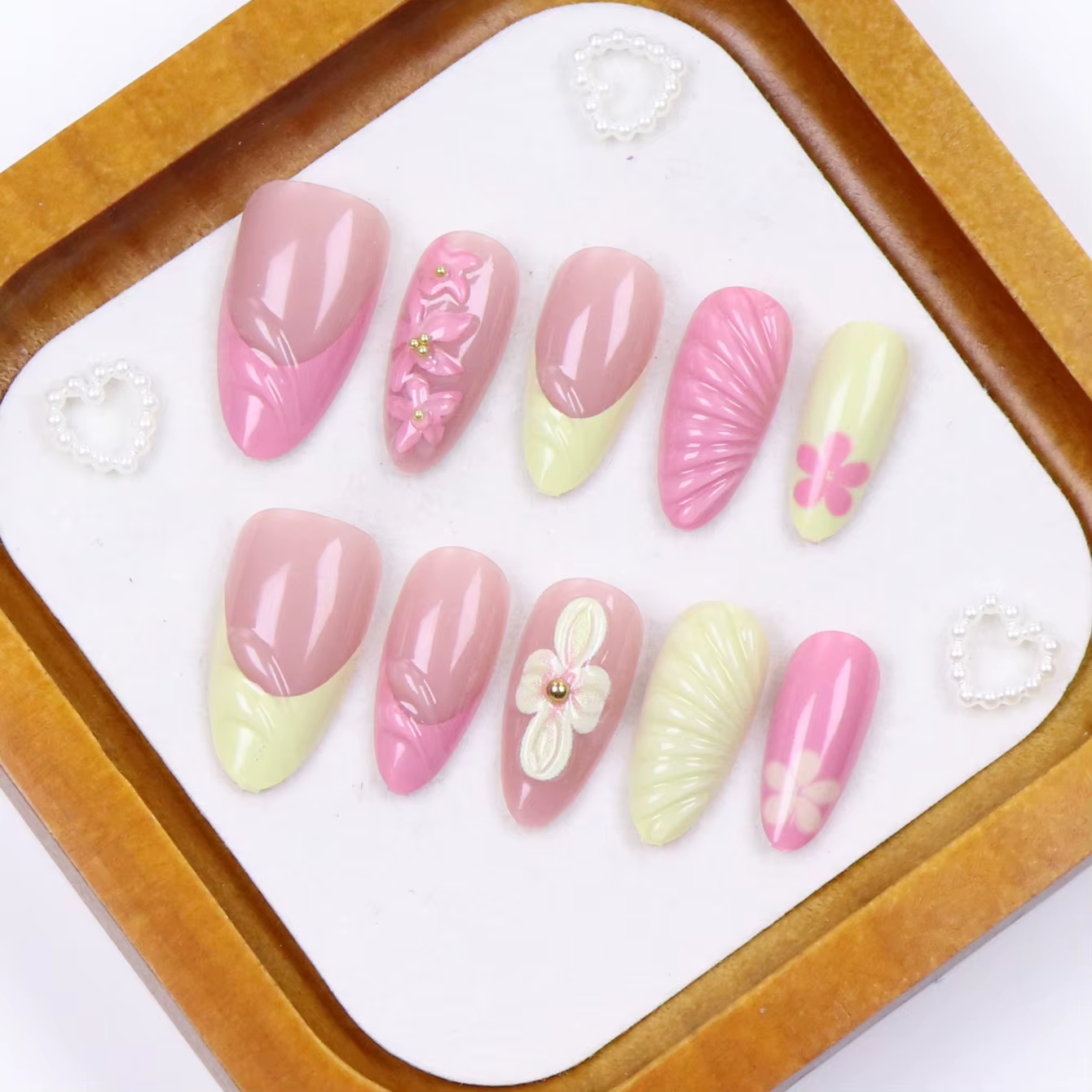 Ongles en amande 10 pièces, conception d'ongles 3D de longueur moyenne, ongles pointus français, acr