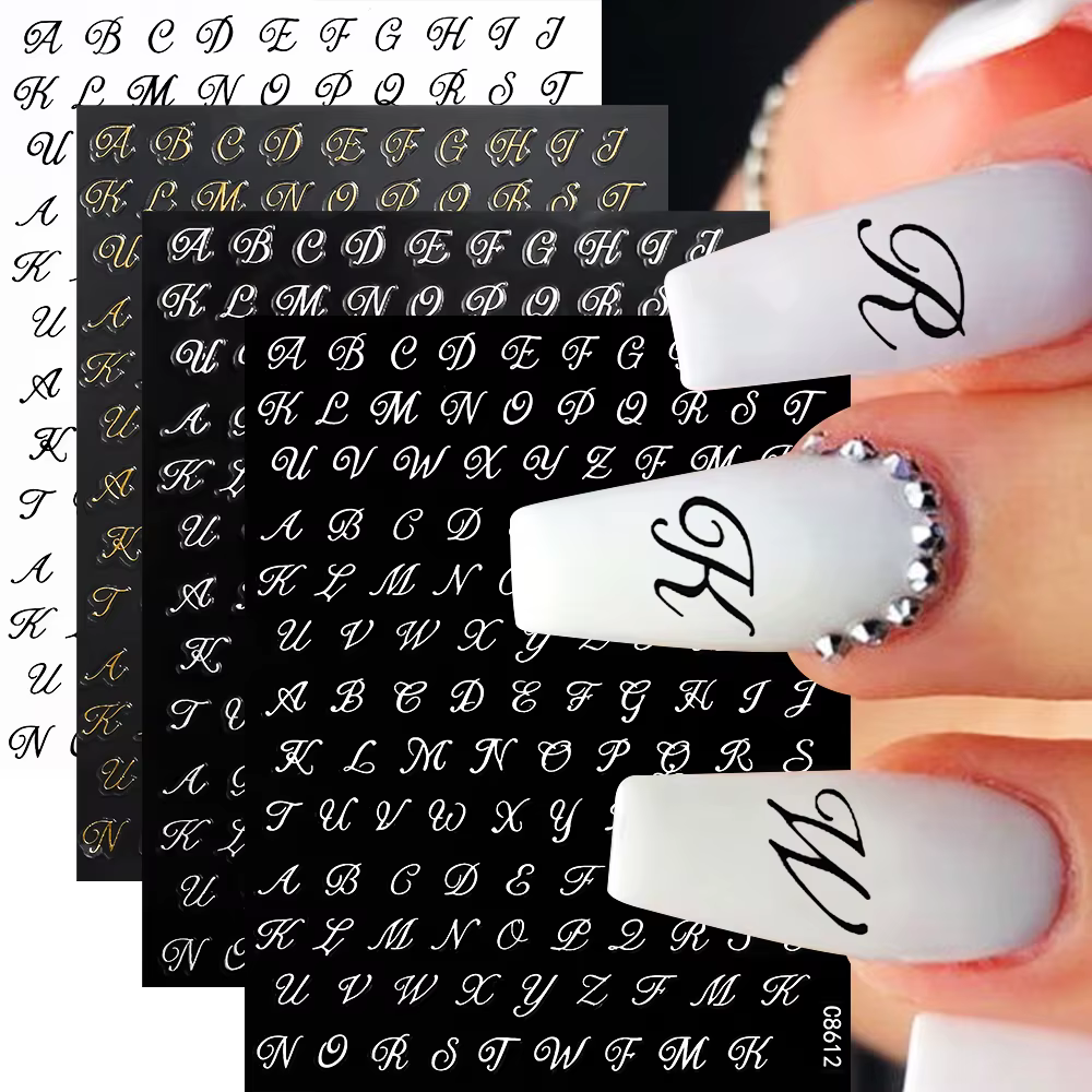 Autocollants pour ongles lettres romaines, 4 pièces, doré, argenté, noir, blanc, Alphabet, décalcoma