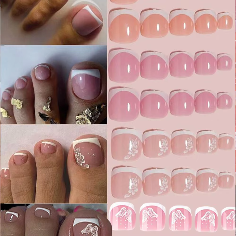 96 pièces/boîte faux ongles français papillon/fleur Design court carré presse sur l'ongle brillant c