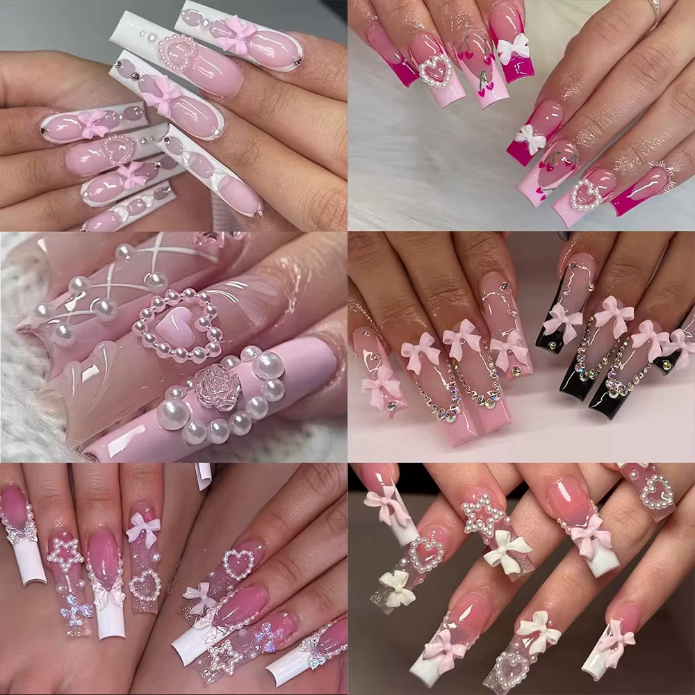 1 boîte rose blanc série arc coeur breloques pour ongles 3D acrylique Nail Art décorations perle 5 p
