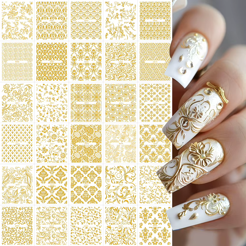 30 feuilles or fleurs métalliques vigne Nail Art décalcomanies 3D dentelle fleur autocollant pour on