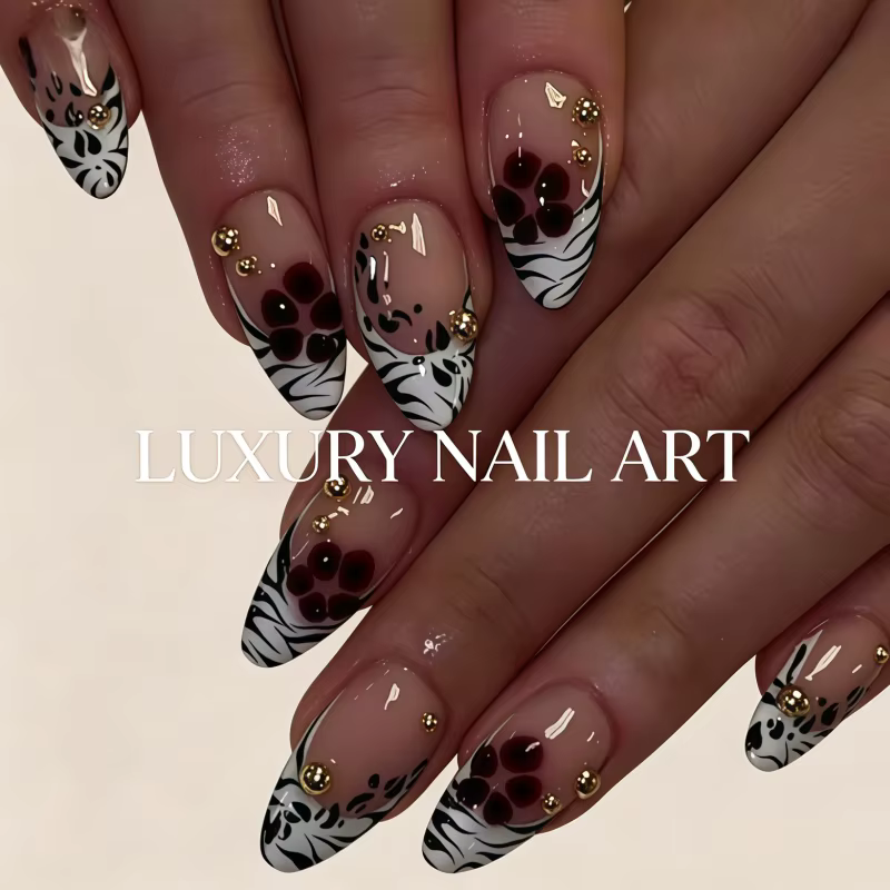 24 faux ongles en forme de fleur à motif zèbre, effet diamant, avec ongles en forme d'amande, style 