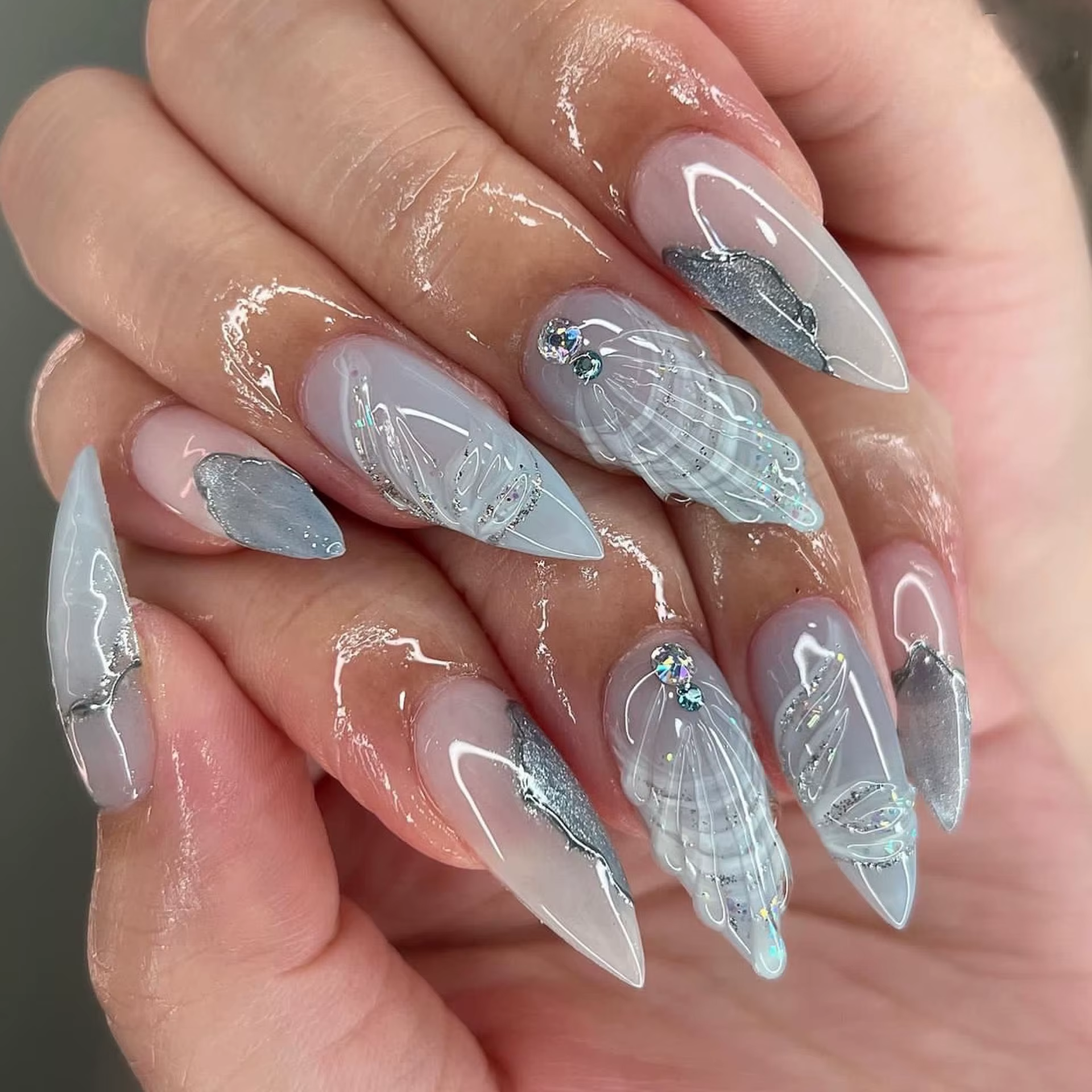 Faux ongles français longs à pression en amande, avec nœud rose, Design floral portable, manucure ov