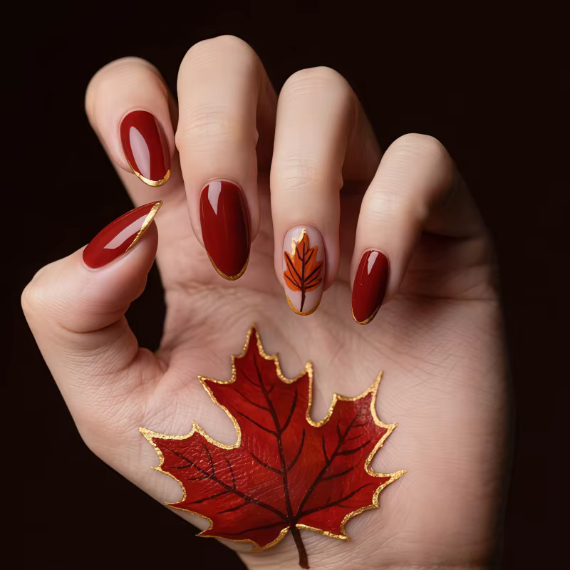 24 pièces de nouveaux ongles artificiels rouge bordeaux - style feuille d'érable automne-hiver - ong