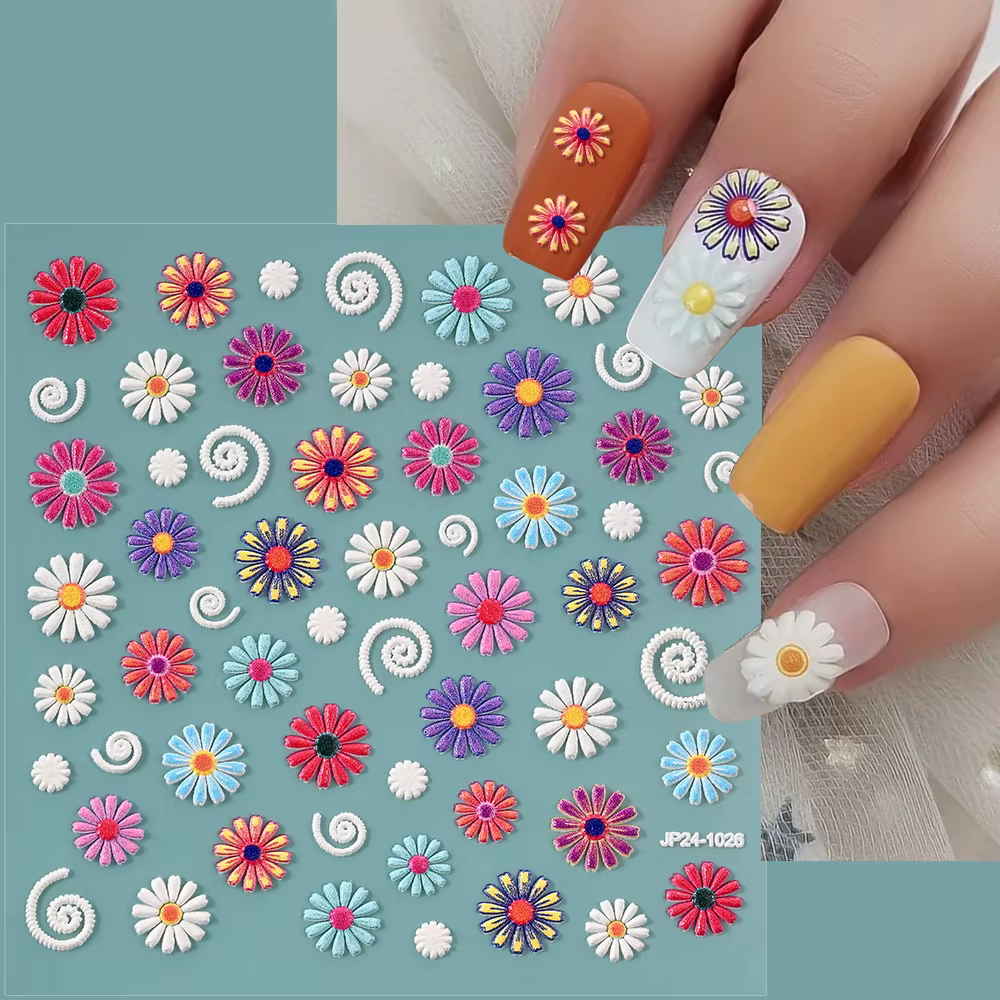 Autocollant pour ongles mexicains, fleur peinte 5D, broderie rétro élégante, Style Boho, marguerite,