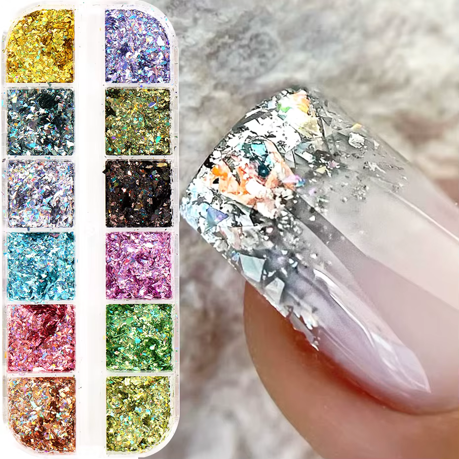 12 grilles holographiques paillettes Nail Art paillettes scintillantes irrégulières flocons d'ongles