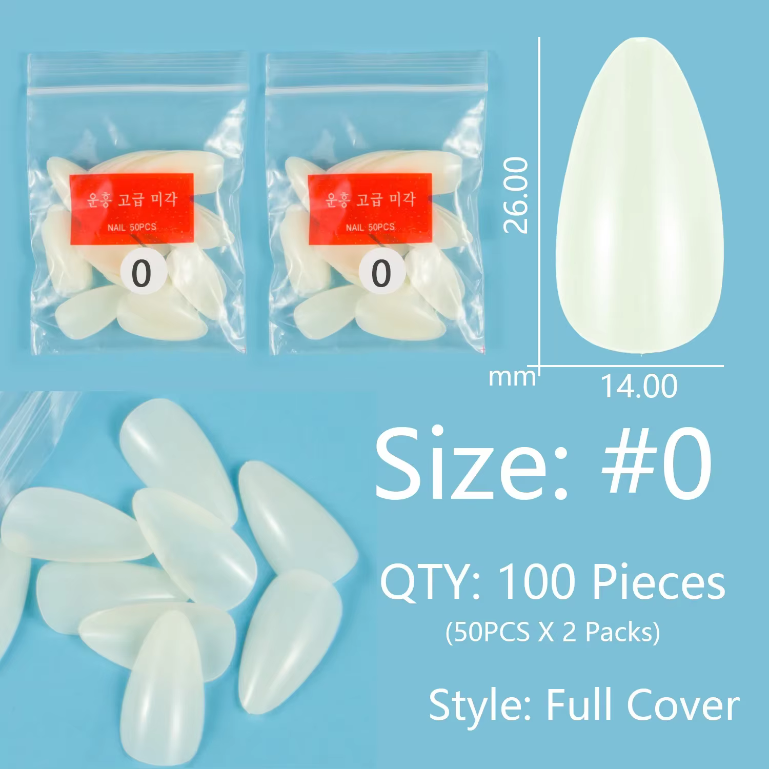 Amande 100 pièces de faux ongles, même longueur, couverture complète, taille spécifique, taille 4 5 